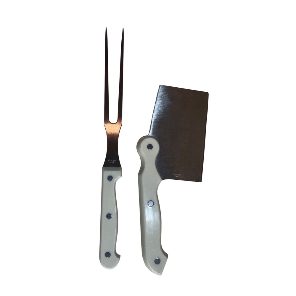 Five Star Vintage Carving Set Meat Cleaver and Fork Cream Ivory Handles 2pc